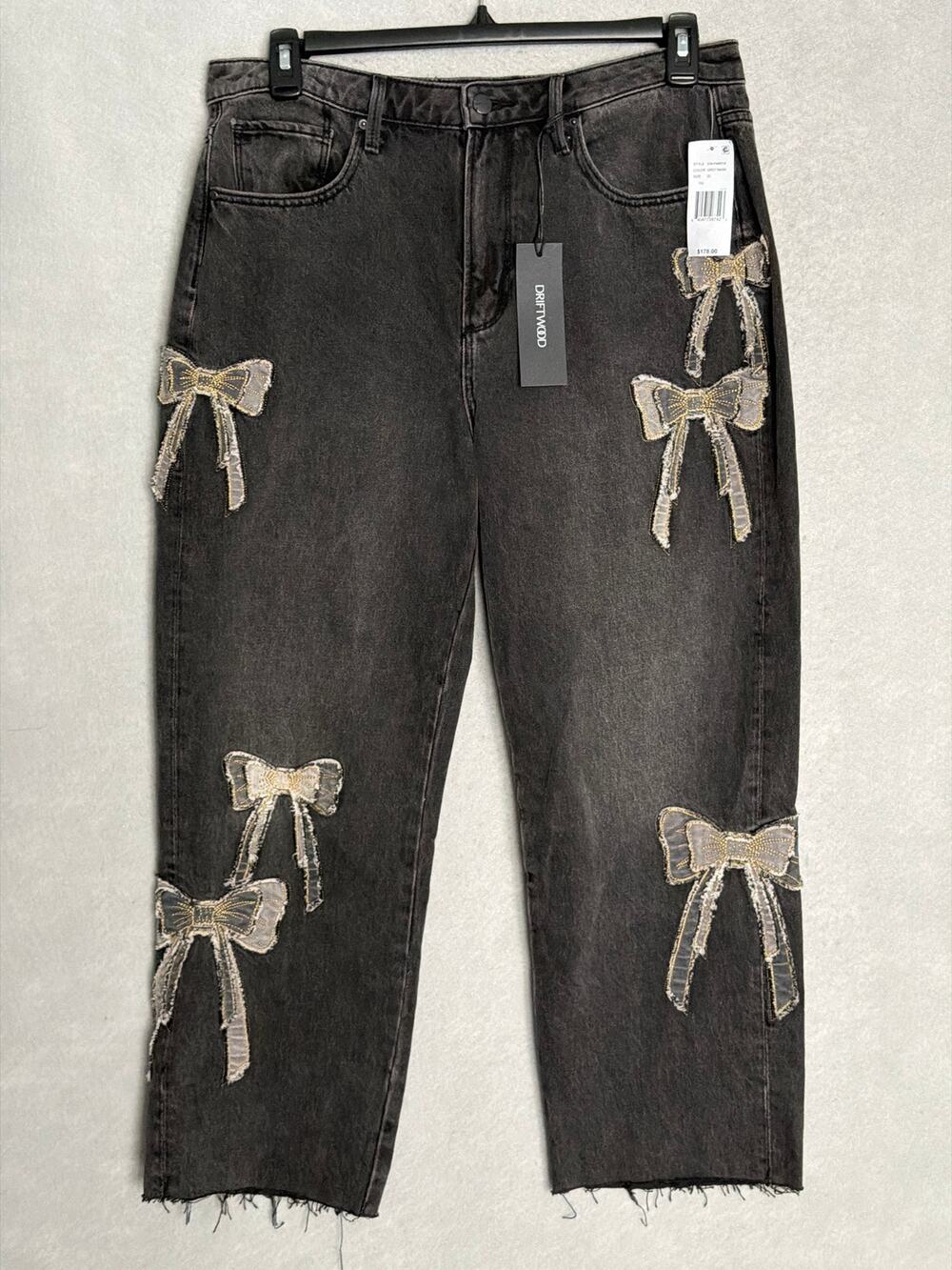 Driftwood Royce Patchwork 3D Bow Jeans Straight Ankle Grey Wash Women's 27 NEW